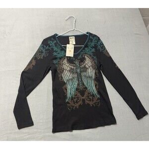 USA New VOCAL Womens CRYSTAL BLACK CROSS ANGEL WINGS WHIPSTITCH SHIRT XL